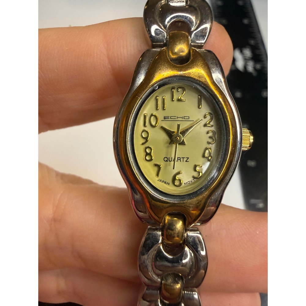 Echo Quartz Two Tone Oval Face Link Bracelet Watch Silver Gold Japan Movt